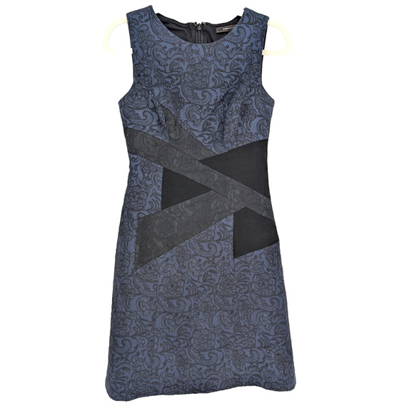 BCBG Alma Navy Black Jacquard Floral Lace Print Geometric Sheath Dress Size 2 - Picture 2 of 11